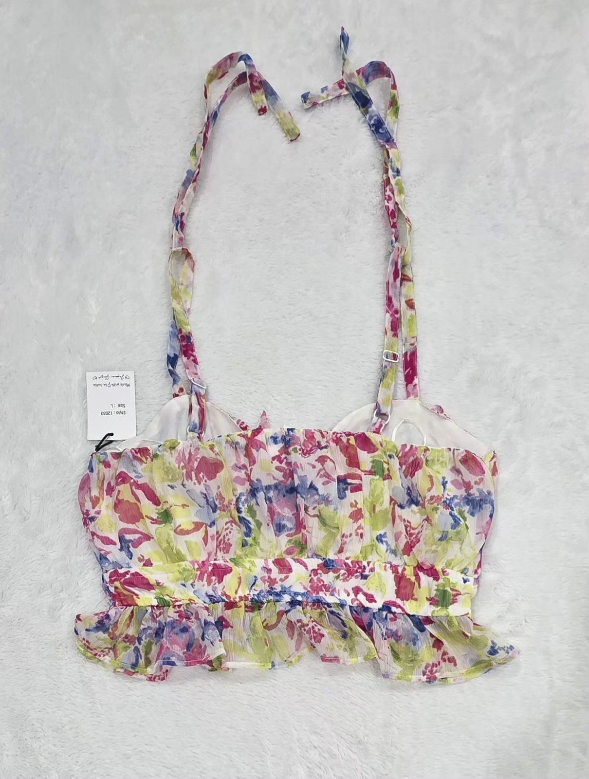 Japan Womens Floral Crop Top Tie Straps Ruched Ruffle Hem Multicolor L NWT - Image 2