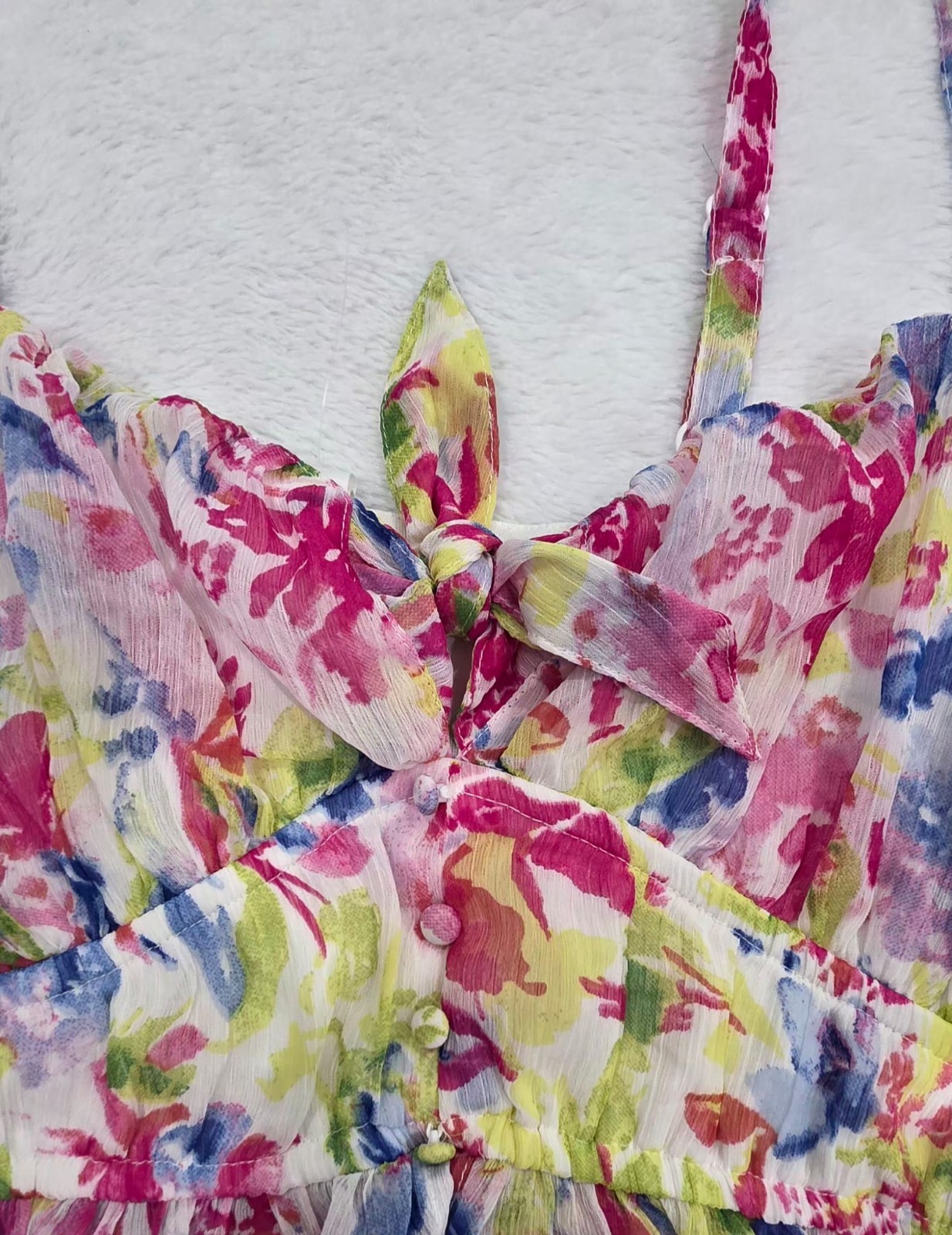 Japan Womens Floral Crop Top Tie Straps Ruched Ruffle Hem Multicolor L NWT - Image 3