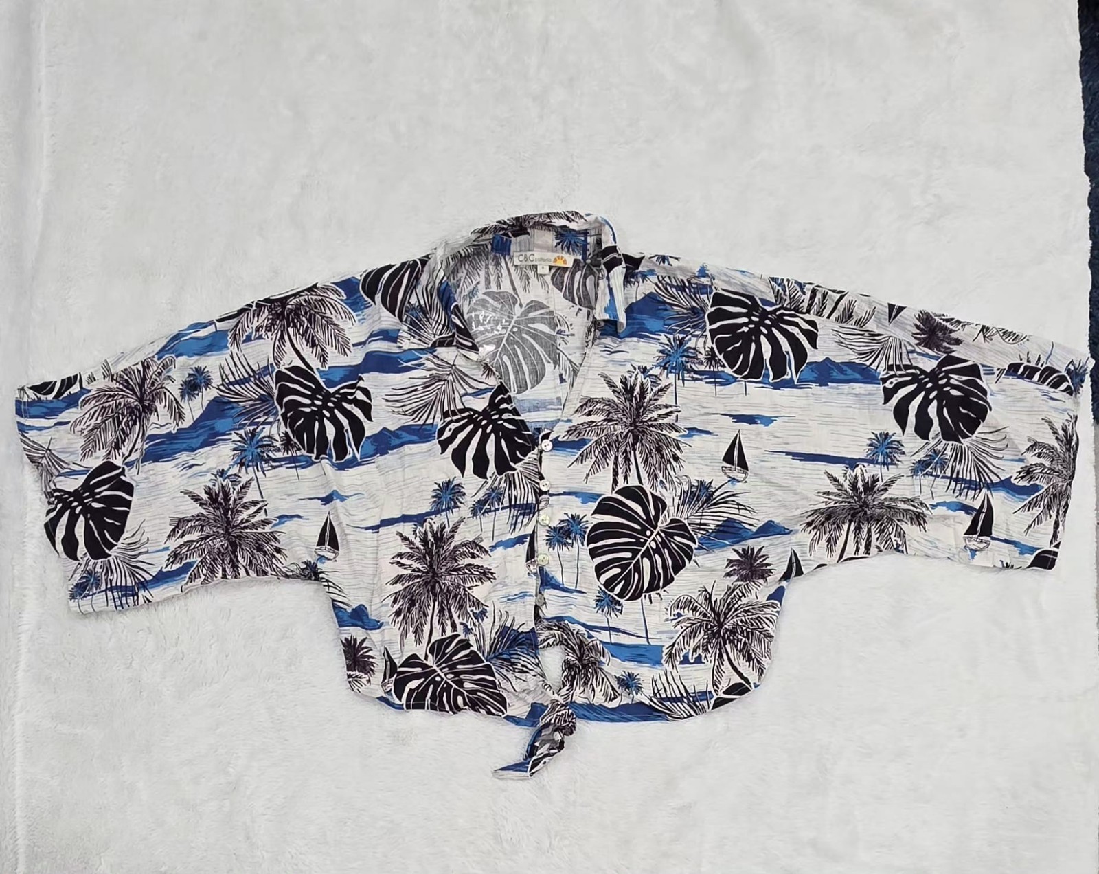 C&C California Womens Tropical Palm Linen Blend Button Up Shirt Size S NWT