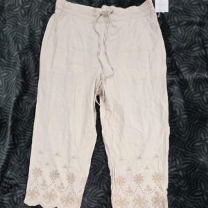 Cynthia Rowley Womens Plus 1X Beige Linen Capri Pants Embroidered Hem NWT