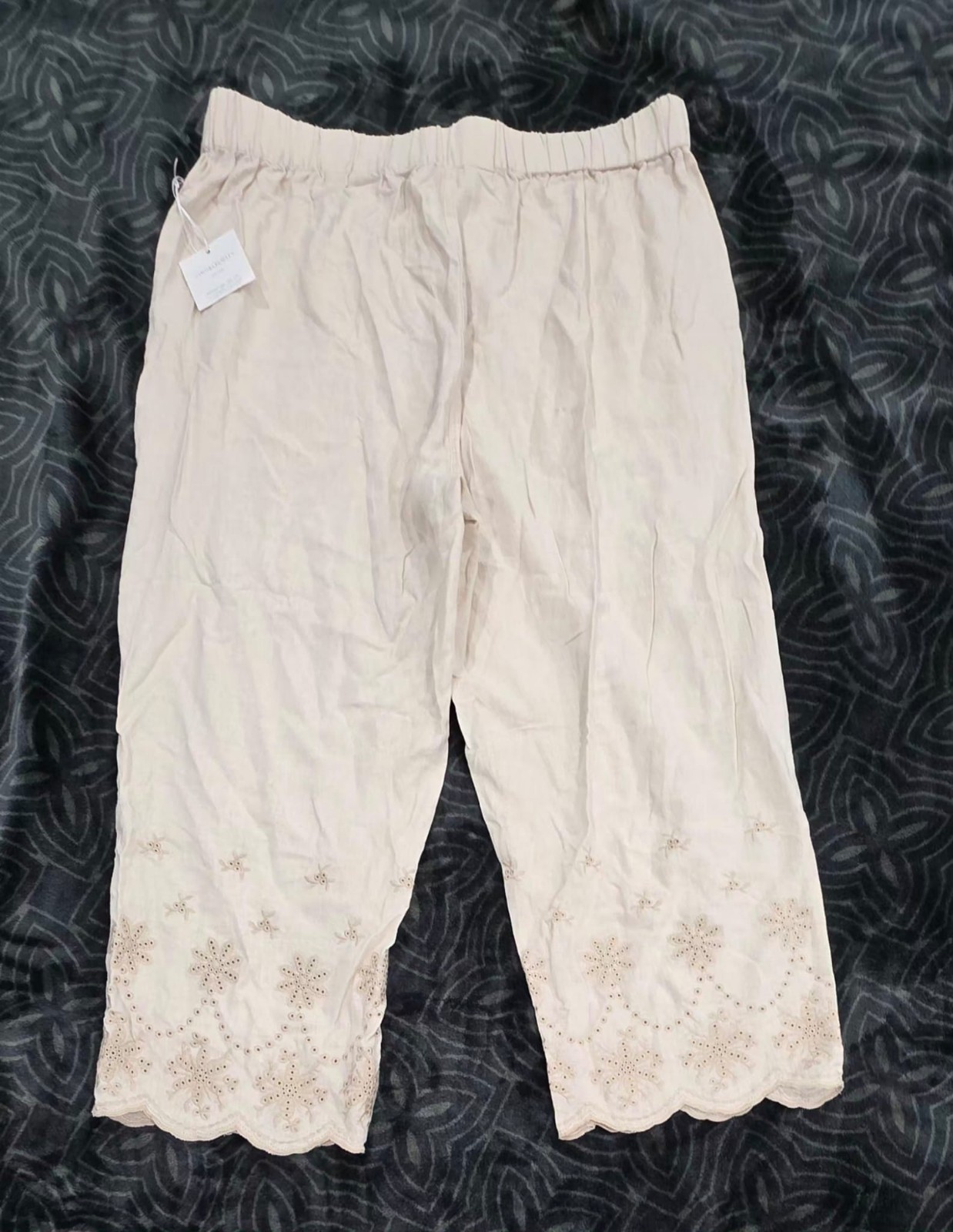 Cynthia Rowley Womens Plus 1X Beige Linen Capri Pants Embroidered Hem NWT - Image 2