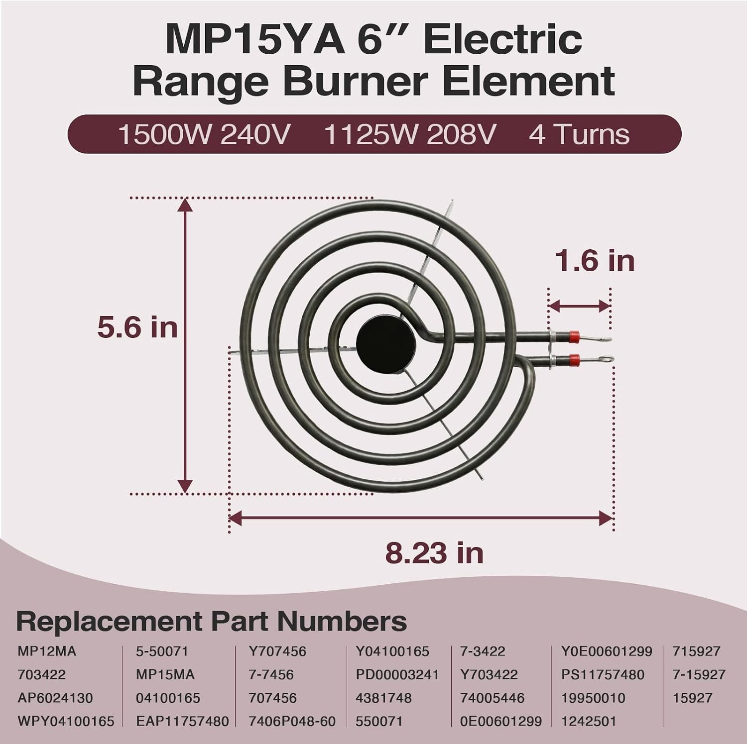 Electric Stove Burner Element, 6" Hardwick Whirlpool, 4 Turns, 1500W, 240V - Image 2