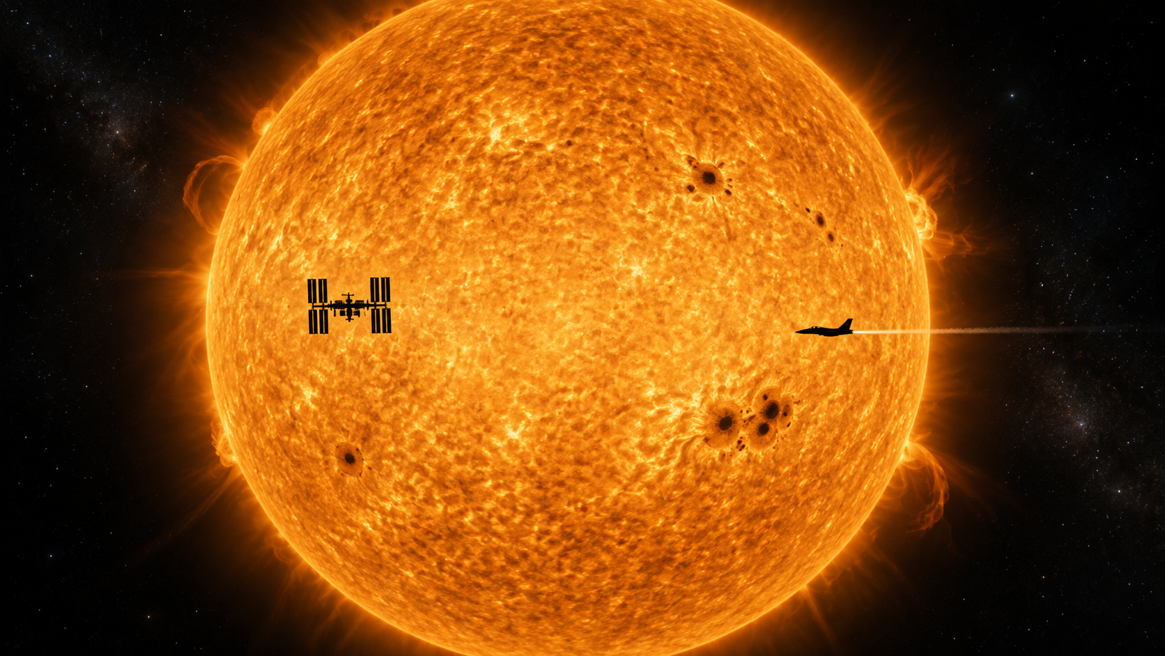 A Plane, the ISS and the Sun Aligned in a 30-Million-to-One Shot